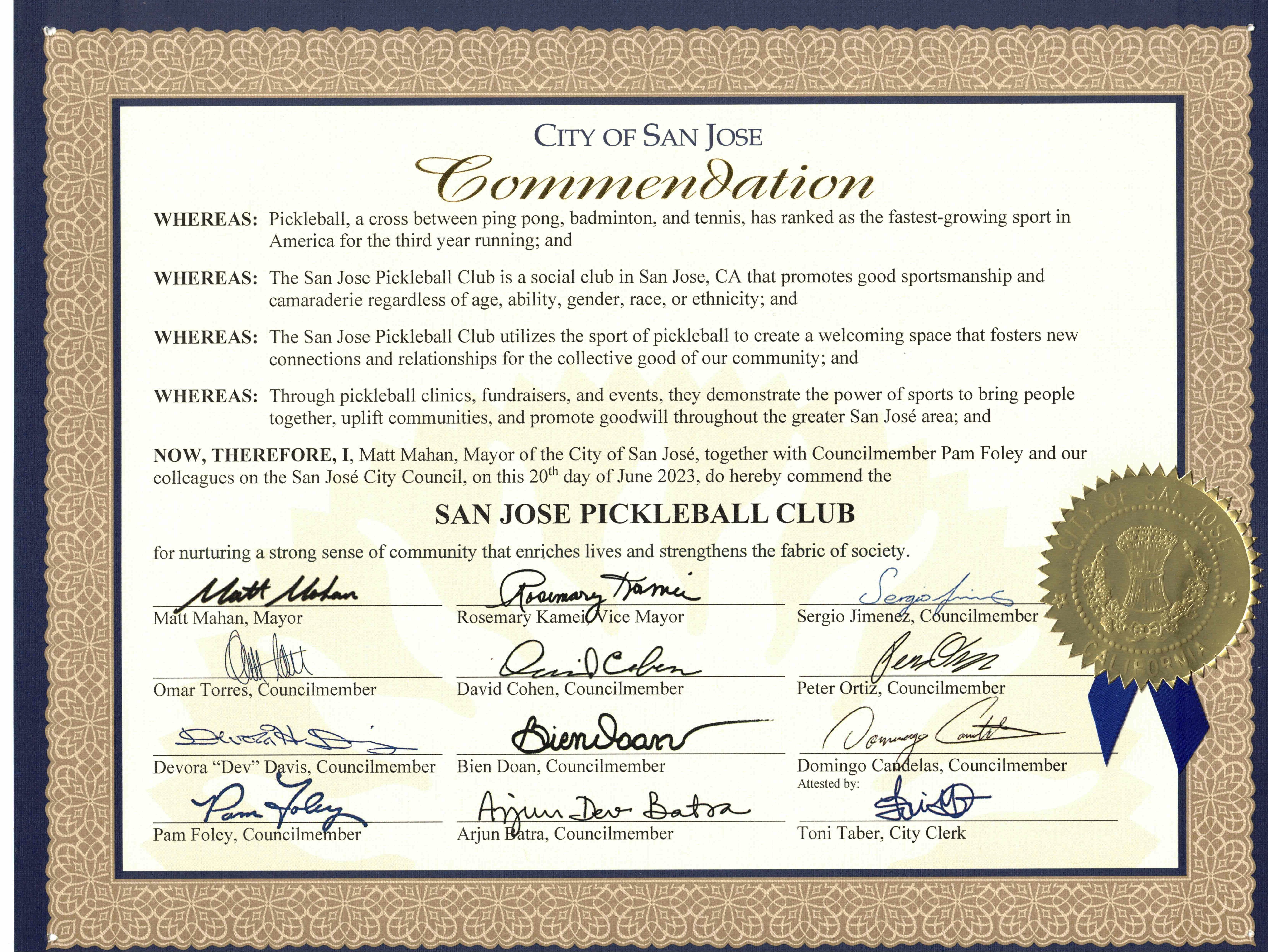 City of San Jose Commendation